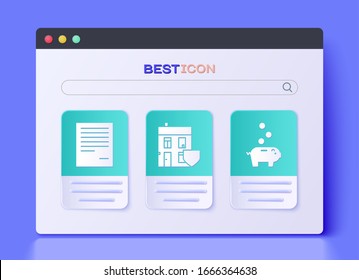 Set House with shield, Document and Piggy bank with coin icon. Vector