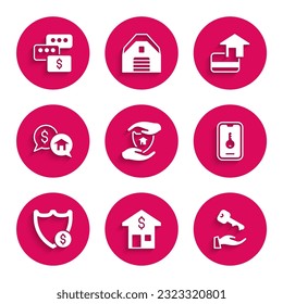 Set House with shield, dollar, key, Online real estate, Shield, Price negotiation, Credit card and  icon. Vector