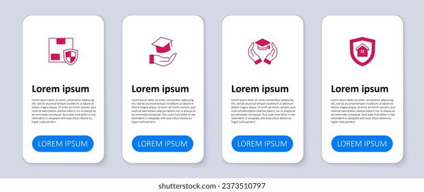 Set House with shield, Education grant,  and Delivery security. Business infographic template. Vector