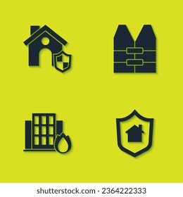 Set House with shield, , Fire in burning house and Life jacket icon. Vector