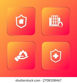 Set House with shield, Fire in burning house, Hand holding a fire and Health insurance icon. Vector