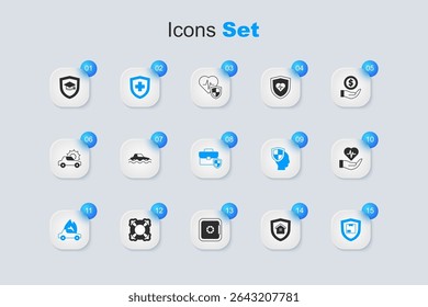 Set House with shield, Flood car, Life insurance, Burning, Delivery security, hand, Graduation cap and Briefcase icon. Vector