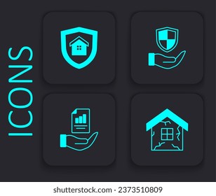 Set House, with shield, Shield in hand and Contract icon. Black square button. Vector