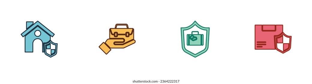 Set House with shield, Hand holding briefcase, Travel suitcase and Delivery security icon. Vector