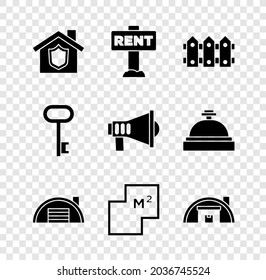 Set House with shield, Hanging sign Rent, Garden fence wooden, Warehouse, plan, key and Megaphone icon. Vector