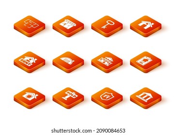 Set House con el escudo, el texto de la señal Colgante Vendido, Alquiler, Almacén, Edificio del Museo e icono del contrato. Vector