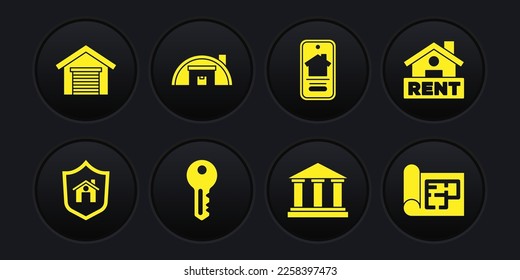 Casa con escudo, Bandera colgante Alquiler, llave, edificio de museos, Casa inmobiliaria en línea, almacén, plan e icono de Garage. Vector