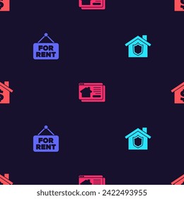 Separar la casa con el escudo, el signo colgante para el alquiler, la casa inmobiliaria en línea y el símbolo del dólar en un patrón impecable. Vector