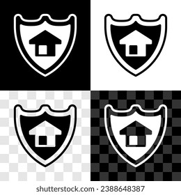 Set House mit Schild Symbol einzeln auf schwarz-weißem, transparentem Hintergrund. Versicherungskonzept. Sicherheit, Sicherheit, Schutz, Schutzkonzept.  Vektorgrafik