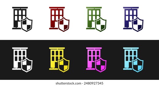 Set House with shield icon isolated on black and white background. Insurance concept. Security, safety, protection, protect concept.  Vector