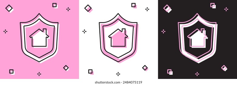 Conjunto Casa con icono de escudo aislado sobre fondo rosa y blanco, negro. Concepto de seguro. Seguridad, seguridad, protección, concepto de protección.  Vector