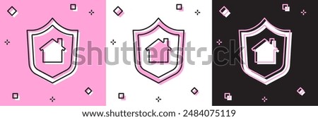 Set House with shield icon isolated on pink and white, black background. Insurance concept. Security, safety, protection, protect concept.  Vector