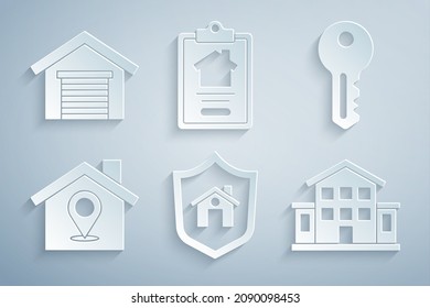 Set House with shield, key, Location house, contract and Garage icon. Vector