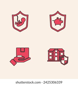 Set House with shield, Life insurance, Piggy bank and Delivery icon. Vector