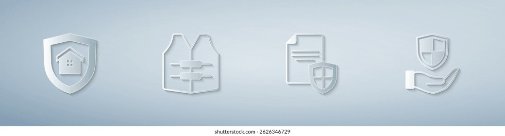 Set House with shield, Life jacket, Contract and Shield in hand. Paper art style. Vector