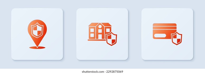 Set House with shield, Location and Credit card. White square button. Vector