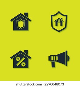 Separar Casa con escudo, Megáfono, descuento percant e icono. Vector