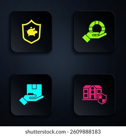Set House with shield, Piggy bank, Delivery insurance and Lifebuoy hand. Black square button. Vector