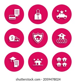 Set House with shield, Real estate, dollar, contract, Car rental, sharing and Credit card icon. Vector