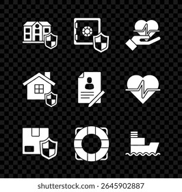 Set House with shield, Safe, Life insurance in hand, Delivery security, Lifebuoy, Ship,  and Document icon. Vector