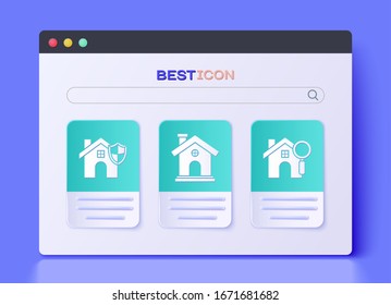 Set House, House with shield and Search house icon. Vector