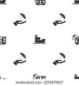 Set House with shield, Ship and Umbrella in hand on seamless pattern. Vector