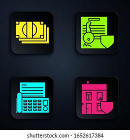 Set House with shield, Stacks paper money cash, Fax machine and Document with key with shield. Black square button. Vector