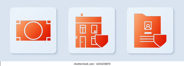 Set House with shield, Stacks paper money cash and Document with shield. White square button. Vector