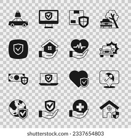 Set House with shield, Umbrella, Car accident, Delivery security, in hand, Shield, insurance and Life icon. Vector