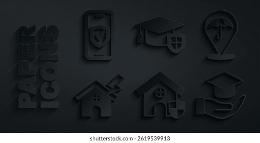 Set House with shield, Umbrella, and lightning, Education grant, Graduation cap and Insurance online icon. Vector