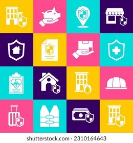 Stellen Sie das Haus mit Schild, Helm für die Sicherheit der Arbeitnehmer, Krankenversicherung, Standort, Vertrag und Lieferung Symbol ein. Vektorgrafik