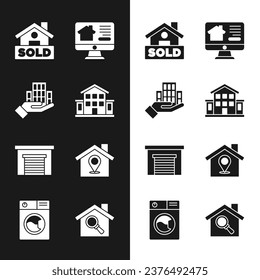 Set House, Skyscraper, Hanging sign with text Sold, Online real estate house, Garage, Location, Search and Washer icon. Vector