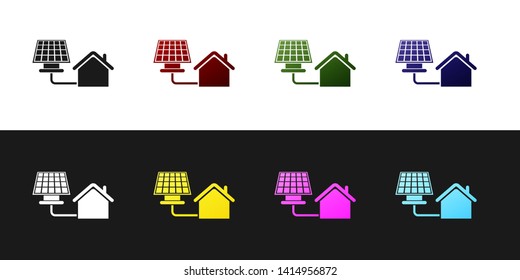 Set House with solar panel icon isolated on black and white background. Ecology, solar renewable energy. Eco-friendly house. Environmental Protection. Vector Illustration