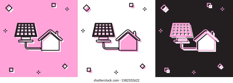 Set House with solar panel icon isolated on pink and white, black background. Ecology, solar renewable energy. Eco-friendly house. Environmental Protection.  Vector Illustration