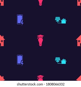 Set House with solar panel, Mobile charging battery, Light bulb and graduation cap and on seamless pattern. Vector.