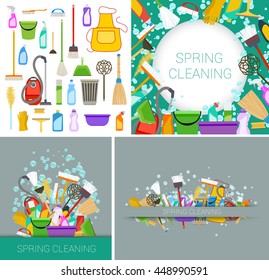 set of house spring cleaning supplies green and grey backgrounds. vector
