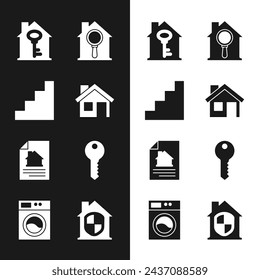 Set House, Staircase, with key, Search house, contract, under protection and Washer icon. Vector