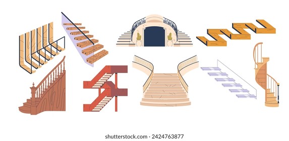 Set of House Stairs. Wooden, Stone, Marble with Carpet and Glass Staircase. Vintage Spiral Stairway with Railing