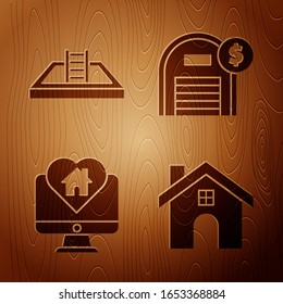 Set House, Swimming pool with ladder, Monitor with house in heart shape and Warehouse with dollar symbol on wooden background. Vector