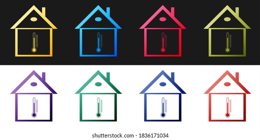 Stellen Sie das Temperatursymbol des Hauses einzeln auf schwarz-weißem Hintergrund ein. Thermometer-Symbol. Vektorgrafik.