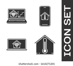 Set House temperature, Laptop with smart home with wi-fi, Laptop with smart home with wi-fi and Mobile phone with house temperature icon. Vector