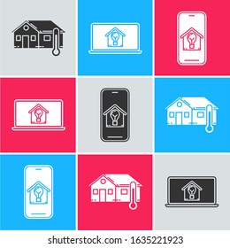 Set House temperature, Laptop with smart house and light bulb and Mobile phone with smart house and light bulb icon. Vector