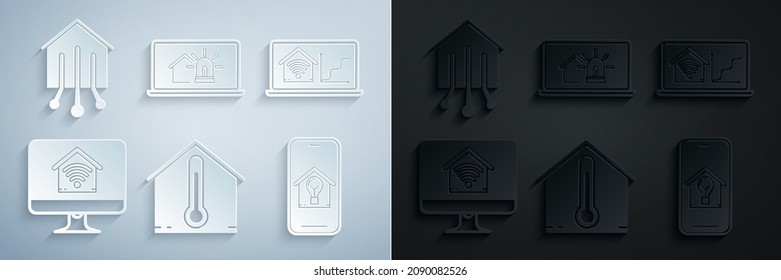 Ajuste la temperatura de la casa, portátil con hogar inteligente con wi-fi, monitor de ordenador, casa de teléfono móvil y bombilla, alarma e icono inteligente. Vector