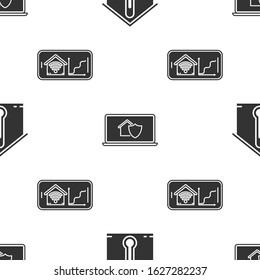Set House temperature, Laptop with house under protection and Mobile phone with smart home with wi-fi on seamless pattern. Vector