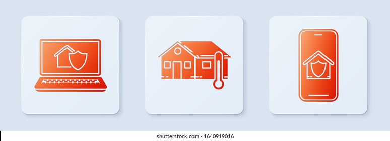 Set House temperature, Laptop with house under protection and Mobile phone with house under protection. White square button. Vector