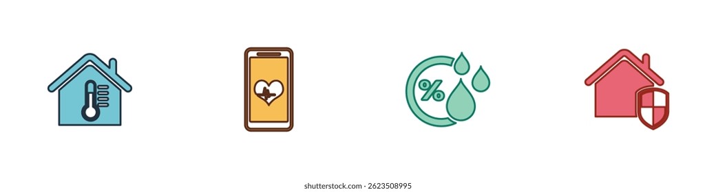 Ajuste la temperatura de la casa, móvil con frecuencia cardíaca, humedad y bajo icono de protección. Vector