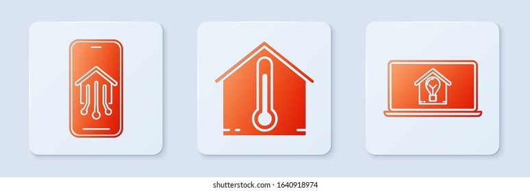 Set House temperature, Mobile phone with smart home and Laptop with smart house and light bulb. White square button. Vector