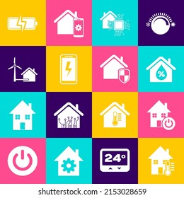 Set House temperature, Smart home, humidity, Mobile charging battery, with wind turbine, Battery and under protection icon. Vector