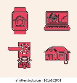 Set House temperature, Smart watch with house under protection, Laptop with smart home with wi-fi and Digital door lock with wireless technology for unlock icon. Vector