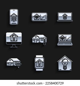 Ajuste la temperatura de la casa, el reloj inteligente con la lámpara inteligente de la casa y la lámpara, el wi-fi de la casa portátil, el monitor de la computadora y el icono del teléfono móvil. Vector